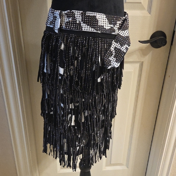 Black and White Cow Print Fringe Skirt NWT - Picture 10 of 16